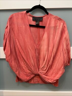 Polly & Esther Coral Twist-Knot V-Neck Blouse